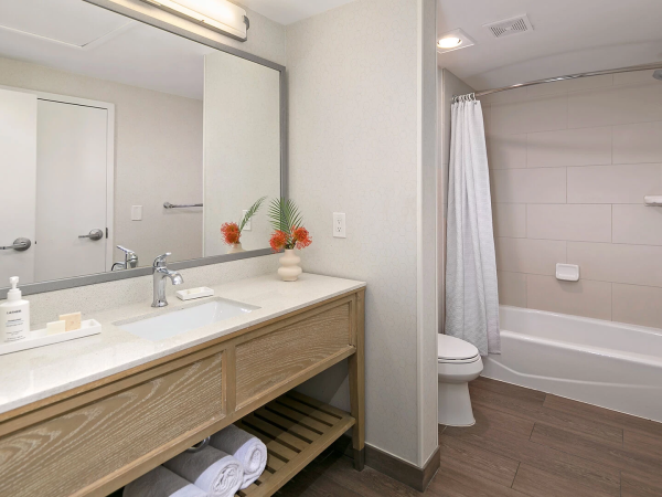 A modern bathroom with a double-sink vanity, large mirror, speckled counter, towel shelving, and a separate tub/shower with a white curtain. End.