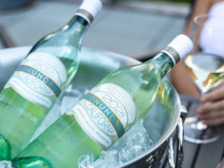 Two bottles of Sauvignon Blanc chilling in an ice bucket, with people toasting nearby.
